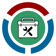 Small wiki toolkits logo: black crossed wrench and screwdriver on a white toolbox overlaid on the Wikimedia community logo base of green circle surrounded by 1 red and 2 blue 115 degree arcs evenly spaced around its perimeter.