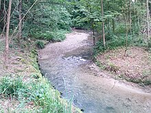 La Sorge peu avant sa confluence avec la Mèbre : frontière naturelle entre Écublens (rive sur la gauche de l'image) et Chavannes-près-Renens (rive sur la droite de l'image).