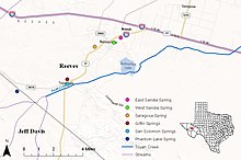 Location of springs near Balmorhea, Texas. Confirmed Comanche Springs pupfish populations are currently only present at San Solomon Spring, Phantom Lake Spring, Giffin Spring, Toyah Creek, and the associated irrigation canal system. Springs near Balmorhea, TX.jpg