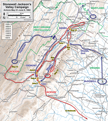 Map of the Valley campaign. Union troops advance from the west (Fremont) and the east (Shields). Union troops (Banks) retreat to the north. Confederates (Jackson) advanced north, defeat Banks, and then turn back south against Fremont and Shields.