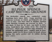 A plaque delineating the history of brush arbour revivals and camp meetings at the Sulphur Springs Methodist Campground Sulphur-Springs-Plague.jpg