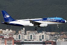 TAME Airbus A320 with old livery at Quito in 2010 TAME Airbus A320 Ramirez.jpg