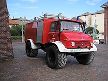 Unimog water tender with flotation tires used by the German Fire Services TLF 8 Feuerwehr Wangerooge.jpg