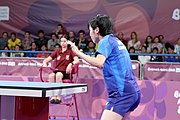 Deutsch: Tischtennis bei den Olympischen Jugendspielen 2018; Tag 9, 15. Oktober 2018; Mixed, Finale, Mixed-Doppel – Miu Hirano (JPN) gegen Sun Yingsha (CHN) 2:3 English: Table tennis at the 2018 Summer Youth Olympics at 15 October 2018 – Mixed Final, Mixed-Double – Miu Hirano (JPN) Vs Sun Yingsha (CHN) 2:3