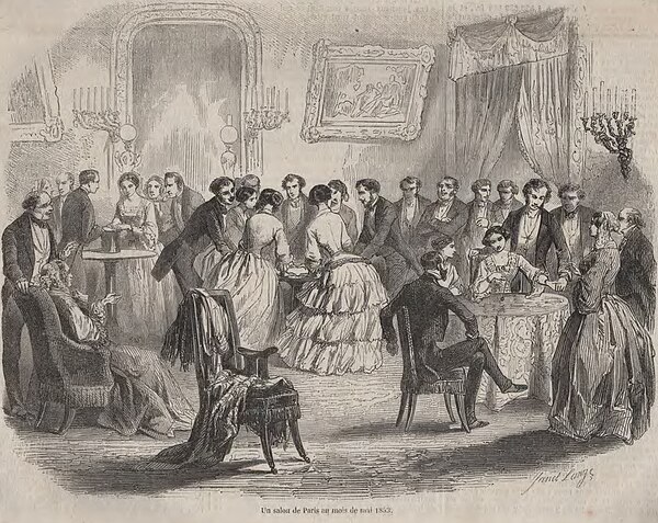 Parisian salon with people practicing three variations of table-turning using a ring, a table, and a hat. (L'Illustration, Histoire de la semaine, May