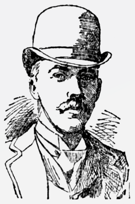 A black and white portrait illustration of a man with a mustache wearing a suit and bowler hat