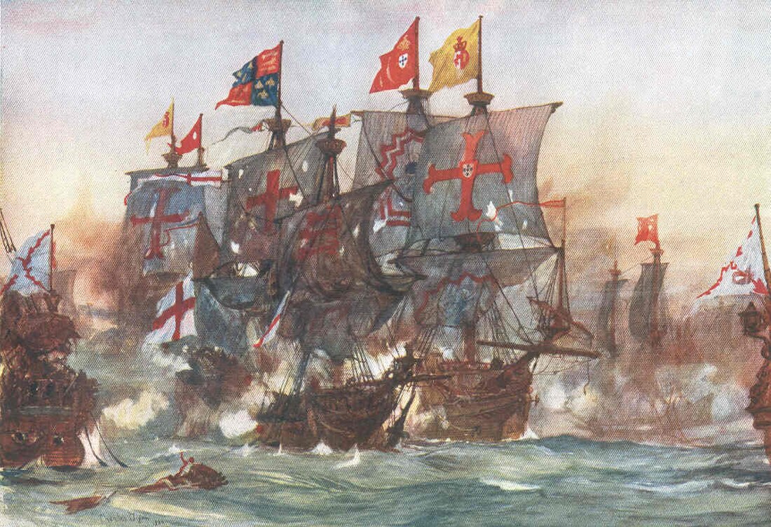 File:The Last fight of the Revenge off Flores in the Azores 1591 by Charles Dixon.jpg