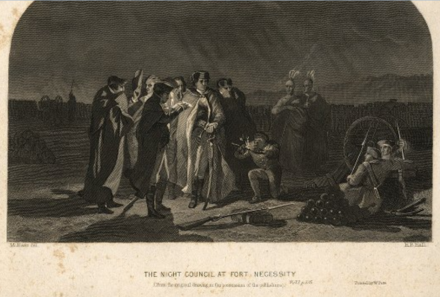 Washington with his war council during the Battle of Fort Necessity. After deliberations, it was decided to withdraw, and surrender the fort.