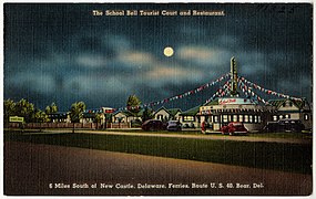 The School Bell Tourist Court and Restaurant, 6 miles south of New Castle, Delaware, Ferries, Route U. S. 40, Bear, Del (71325).jpg