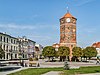 Market square with the medieval tower of the town hall