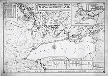 A map of the Trent–Severn Waterway as it appeared in 1918, just prior to its completion. The planned route still runs through Honey Harbour when this was prepared. The abandoned Newmarket Canal can be seen at the southern tip of Lake Simcoe.