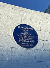 The blue plaque near the Nayland Rock shelter in Margate where Eliot wrote some of The Waste Land. Tseliotplaque.jpg