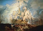 特拉法加戰役畫作，由泰納所繪。這幅圖裡的勝利號戰艦上的旗幟顯示了這著名格言的最後三個英文字。