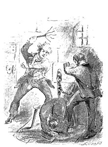 Rysunek oówkiem czarnego mczyzny lecego w celi, smaganego przez biaego czowieka, podczas gdy drugi kopie go w ebra