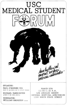 At the USC School of Medicine, Bronston helped organize a series of lecture forums featuring eminent figures in medicine. USC Medical Student Forum poster.png