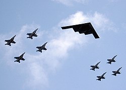 US Navy 060618-N-4166B-132 A B-2 Stealth Bomber assigned to Whiteman Air Force Base (AFB), Mo. leads an aerial flight formation during Exercise Valiant Shield 2006.jpg