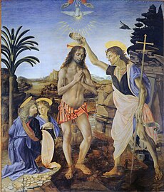 Քրիստոսի մկրտությունը, նկարի հեղինակներն են Անդրեա դել Վերոկկիոն և Լեոնարդո դա Վինչին, 1475 թվական