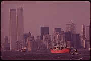 Lower Manhattan with Twin Towers of former World Trade Center, as seen from the Staten Island Ferry, 1973