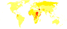 Disability-adjusted life year for war per 100,000 inhabitants in 2004
.mw-parser-output .refbegin{font-size:90%;margin-bottom:0.5em}.mw-parser-output .refbegin-hanging-indents>ul{margin-left:0}.mw-parser-output .refbegin-hanging-indents>ul>li{margin-left:0;padding-left:3.2em;text-indent:-3.2em}.mw-parser-output .refbegin-hanging-indents ul,.mw-parser-output .refbegin-hanging-indents ul li{list-style:none}@media(max-width:720px){.mw-parser-output .refbegin-hanging-indents>ul>li{padding-left:1.6em;text-indent:-1.6em}}.mw-parser-output .refbegin-columns{margin-top:0.3em}.mw-parser-output .refbegin-columns ul{margin-top:0}.mw-parser-output .refbegin-columns li{page-break-inside:avoid;break-inside:avoid-column}
.mw-parser-output .legend{page-break-inside:avoid;break-inside:avoid-column}.mw-parser-output .legend-color{display:inline-block;min-width:1.25em;height:1.25em;line-height:1.25;margin:1px 0;text-align:center;border:1px solid black;background-color:transparent;color:black}.mw-parser-output .legend-text{}
no data
less than 100
100-200
200-600
600-1000
1000-1400
1400-1800
1800-2200
2200-2600
2600-3000
3000-8000
8000-8800
more than 8800 War world map - DALY - WHO2004.svg