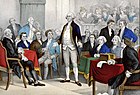 1876 Currier & Ives printing of Washington being promoted to commanding general Washington promotion by Continental Congress.jpg
