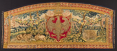 Above-door tapestry with the arms of Poland flanked by a beaver and a porcupine