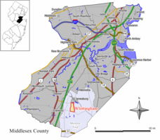 Карта Уиттингема, выделенная в округе Мидлсекс. Врезка: Местоположение округа Мидлсекс в Нью-Джерси. 
