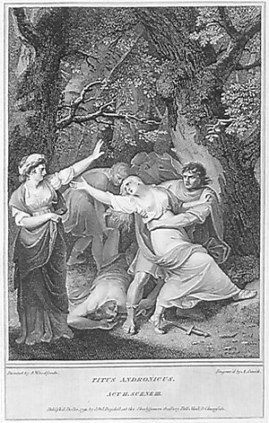 Samuel Woodforde illustration of Tamora watching Lavinia dragged away to be raped, from Act 2, Scene 3; engraved by Anker Smith (1793)