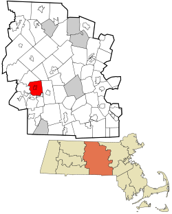 北布魯克菲爾德在伍斯特縣及麻省的位置（以紅色標示）