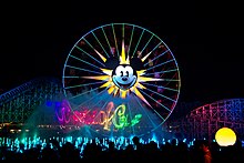 The World of Color logo projected via laser onto a mist screen World of Color projected logo.jpg