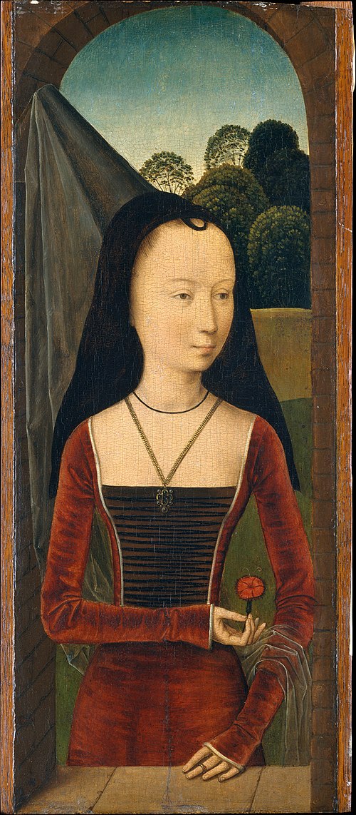 A conical hennin with black velvet lappets (brim) and a sheer veil, 1485–90