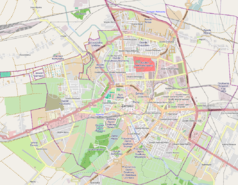 Mapa konturowa Zamościa, w centrum znajduje się punkt z opisem „Kościół św. Mikołaja w Zamościu”