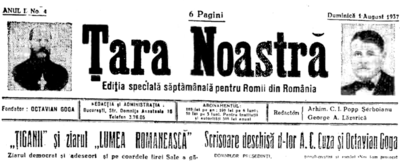 Calinic Șerboianu (left) and Lăzăreanu-Lăzurică on the nameplate of Țara Noastră's weekly Romani issue (edition of August 1, 1937)