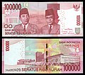 100000 rupiah bill, 2011 revision (2013 date), processed, obverse+reverse.jpg