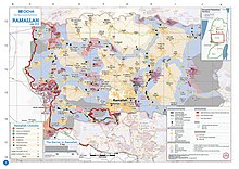 2018 United Nations map of the area, showing the Israeli occupation arrangements 2018 OCHA OpT map Ramallah.jpg