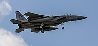 A US Air Force F-15C Eagle, tail number 85-0120, on final approach at Kadena Air Base in Okinawa, Japan. It is assigned to the 44th Fighter Squadron at Kadena AB.