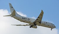 A Boeing P-8 Poseidon, tail number 168761, on final approach at Kadena Air Base in Okinawa, Japan. It is assigned to Patrol Squadron 45 (VP-45) at NAS Jacksonville, Florida, United States.