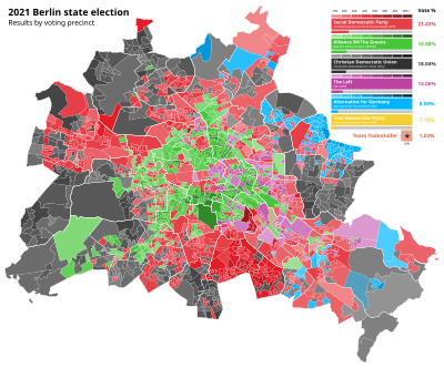 Results of the party list vote by voting precinct (Wahlbezirk). 2021 Berlin state election by voting precinct.svg