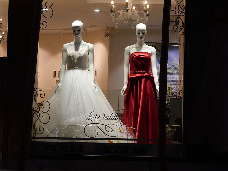 File:A red wedding dress and white princess wedding dress.jpg