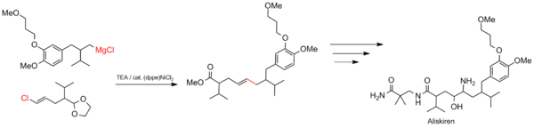 Kumada coupling in the synthesis of aliskiren Aliskiren synthesis.png