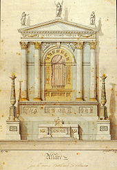 Rodolfo Vantini's 1829 design for the altar of the Holy Crosses to be erected in the New Cathedral. Altare delle sante croci (rodolfo vantini).jpg