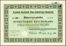 Share of the Eisenbahn-Gesellschaft Altona-Kaltenkirchen-Neumunster, issued November 1928 Altona-Kaltenkirchen-Neumunster 1928.jpg