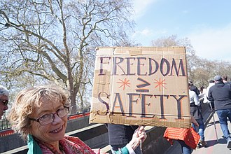 A protestor in April 2021 Anti-Lock Down Protest London (51137274233).jpg