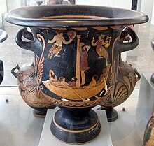 Paestan bell krater by the painter Python: a-site: Odysses with the sirens; from Paestum, ca. 330 B.C Antikensammlung Berlin 496.JPG