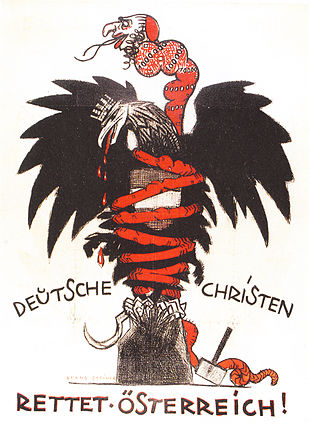 Anti-Semitic CS poster of 1920, depicting a Judeo-Bolshevik serpent choking the Austrian eagle; Text: "German Christians – Save Austria!"
