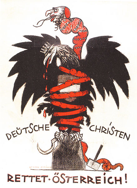 Antisemitic Christian Social Party placard from the 1920 Austrian legislative election: "Vote Social Christian. German Christians Save Austria!"[50]