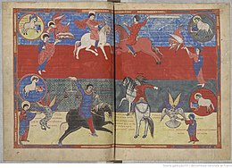 Four Horsemen of the Apocalypse, Saint-Sever Beatus, 11th century. ApocalypseStSeverFol108v109r4Horsemen.jpg