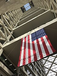 Looking up while in the atrium separating the two halves of the tower. Atrium in the Hennepin County Government Center.jpg