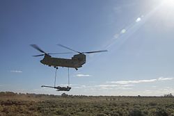 Die australische Armee CH-47 Chinook hebt eine M777A2-Haubitze während des Übungs-Raubtierstreiks im Cultana-Trainingsbereich am 12. Juni 2016.jpg