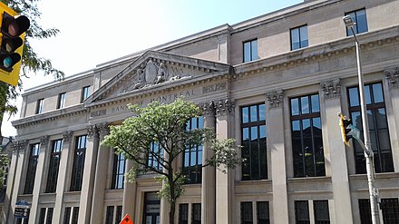 A Bank of Montreal branch in Hamilton. Erected in 1928, the building is presently recognized under the Ontario Heritage Act.