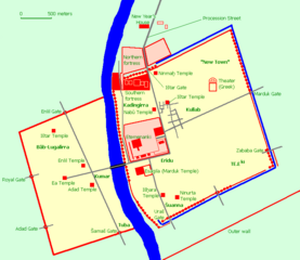 Possibile disposizione delle mura e di alcune strade, e ubicazione degli edifici più importanti di Babilonia.